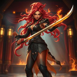 A fierce and confident female fire genasi bard, standing elegantly in a dynamic pose, wielding a sleek rapier