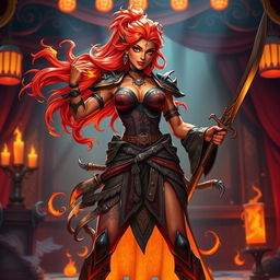 A fierce and confident female fire genasi bard, standing elegantly in a dynamic pose, wielding a sleek rapier