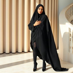 A woman dressed in a traditional black chador that elegantly covers her head and body