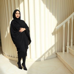 A woman dressed in a traditional black chador that elegantly covers her head and body