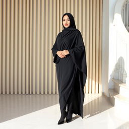 A woman dressed in a traditional black chador that elegantly covers her head and body