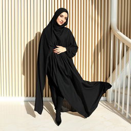 A woman dressed in a traditional black chador that elegantly covers her head and body