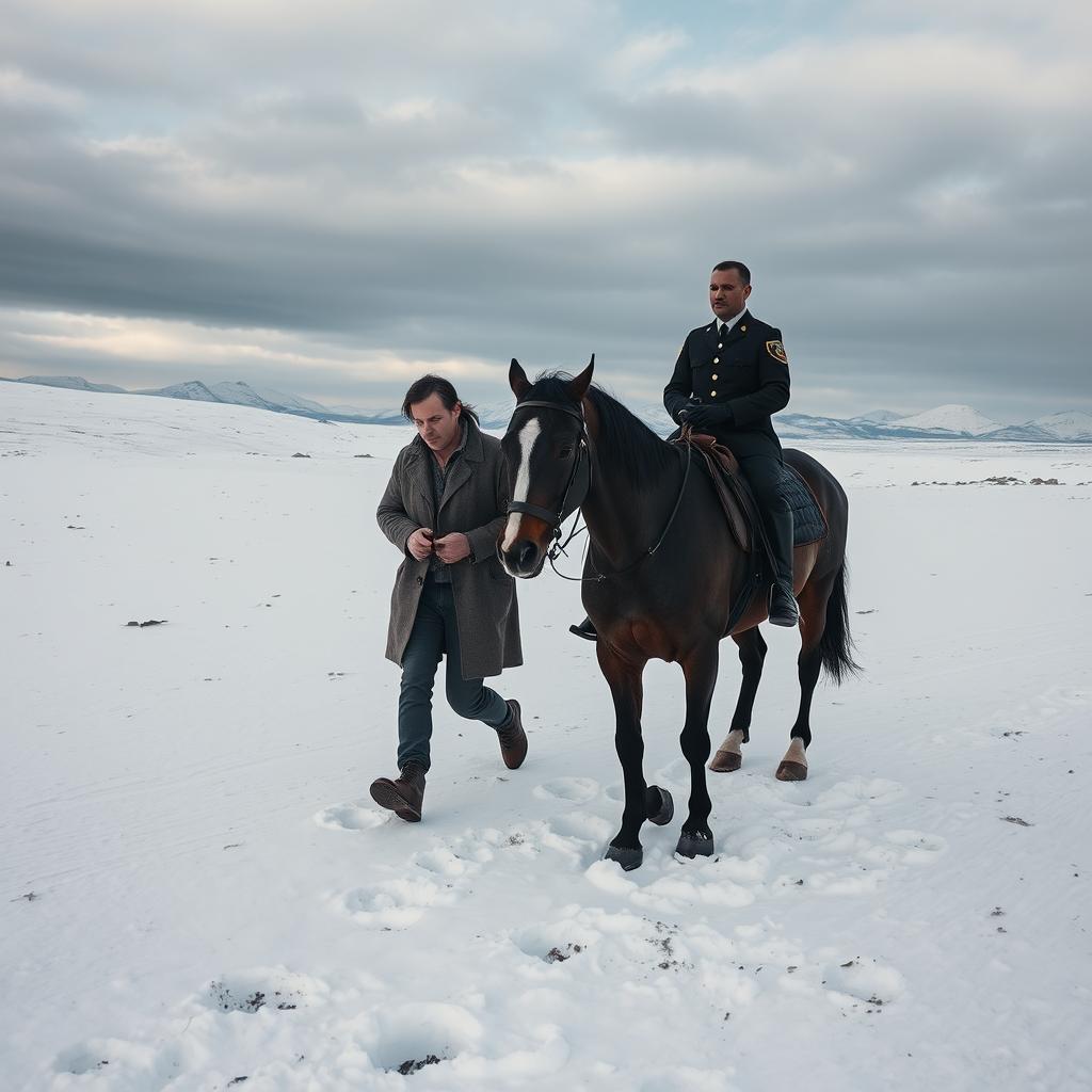 A tense scene set on a snowy plateau where a criminal with bound hands is walking as a hostage alongside a police officer mounted on a horse