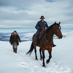 A tense scene set on a snowy plateau where a criminal with bound hands is walking as a hostage alongside a police officer mounted on a horse