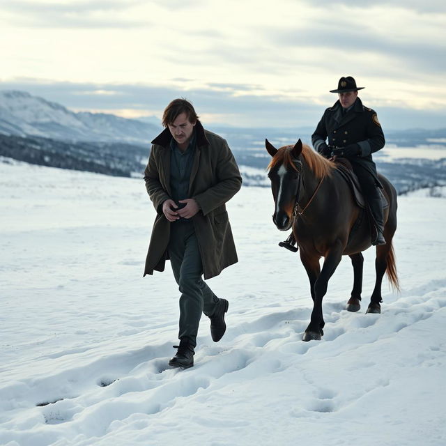 A tense scene set on a snowy plateau where a criminal with bound hands is walking as a hostage alongside a police officer mounted on a horse