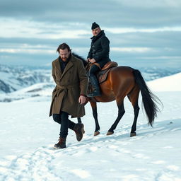 A tense scene set on a snowy plateau where a criminal with bound hands is walking as a hostage alongside a police officer mounted on a horse