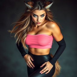 A stunning 21-year-old female werewolf with striking green eyes, showcasing her captivating beauty and confidence