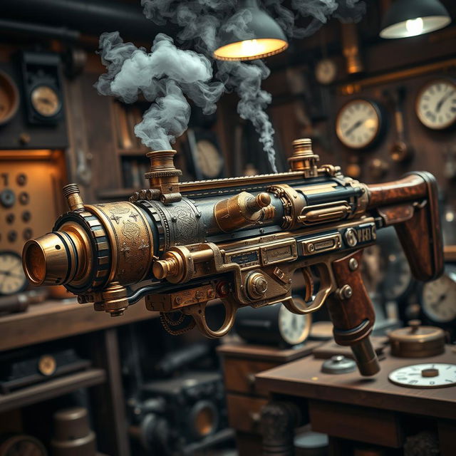 A striking steampunk minigun, featuring an elaborate design with polished brass and copper components, embellished with intricate engravings and exposed gears