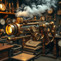 A striking steampunk minigun, featuring an elaborate design with polished brass and copper components, embellished with intricate engravings and exposed gears