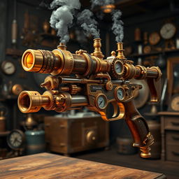 A striking steampunk minigun, featuring an elaborate design with polished brass and copper components, embellished with intricate engravings and exposed gears