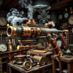 A striking steampunk minigun, featuring an elaborate design with polished brass and copper components, embellished with intricate engravings and exposed gears
