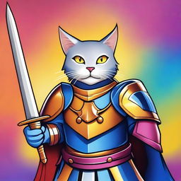 This is a vibrant digital art image featuring a brave cat in the role of a royal knight