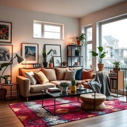 A beautifully decorated living room featuring a cozy sofa with colorful cushions, a contemporary coffee table, and a vibrant area rug