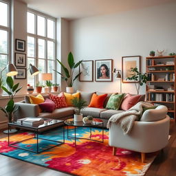 A beautifully decorated living room featuring a cozy sofa with colorful cushions, a contemporary coffee table, and a vibrant area rug