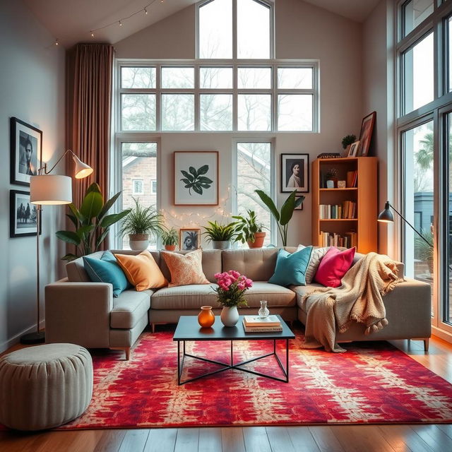 A beautifully decorated living room featuring a cozy sofa with colorful cushions, a contemporary coffee table, and a vibrant area rug