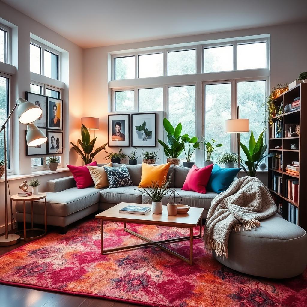 A beautifully decorated living room featuring a cozy sofa with colorful cushions, a contemporary coffee table, and a vibrant area rug