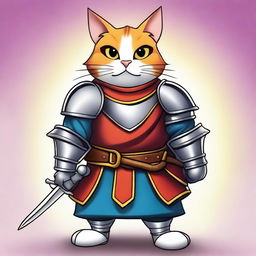 This is a vibrant digital art image featuring a brave cat in the role of a royal knight