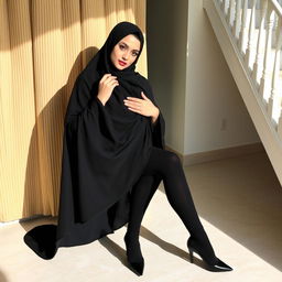 A woman wearing a traditional black chadori that elegantly covers her head and body