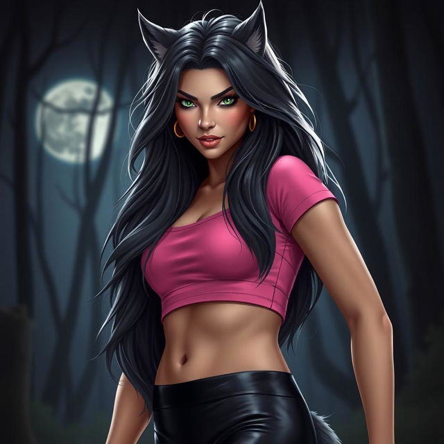 A stunning 21-year-old female werewolf with striking green eyes, featuring long, flowing hair that cascades beautifully