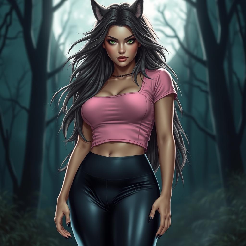 A stunning 21-year-old female werewolf with striking green eyes, featuring long, flowing hair that cascades beautifully