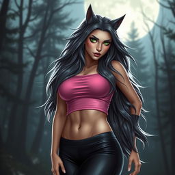 A stunning 21-year-old female werewolf with striking green eyes, featuring long, flowing hair that cascades beautifully