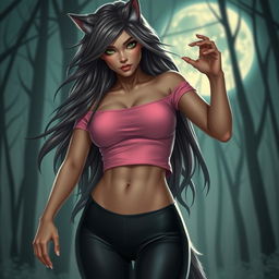 A stunning 21-year-old female werewolf with striking green eyes, featuring long, flowing hair that cascades beautifully