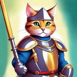 This is a vibrant digital art image featuring a brave cat in the role of a royal knight