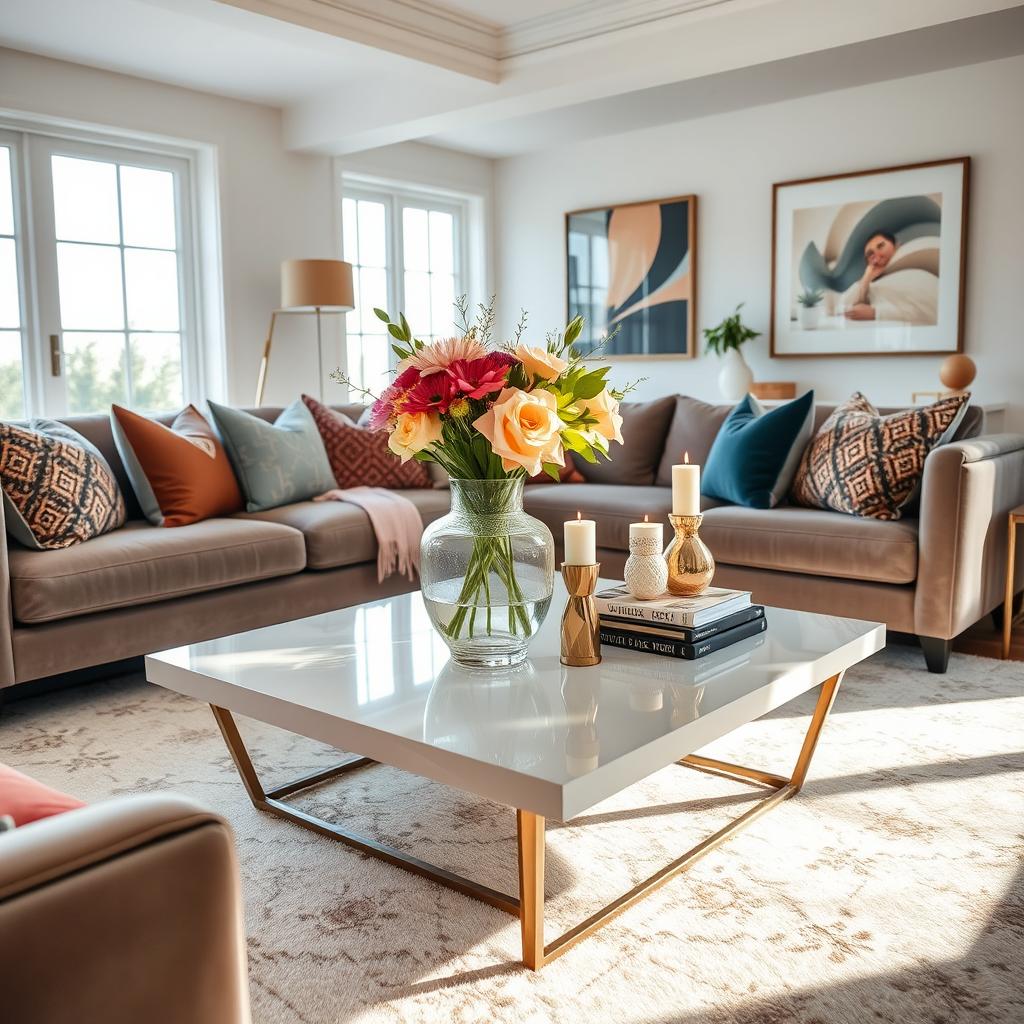 A beautifully decorated living room with a central coffee table