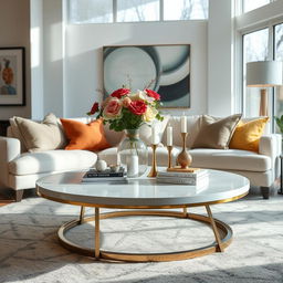 A beautifully decorated living room with a central coffee table
