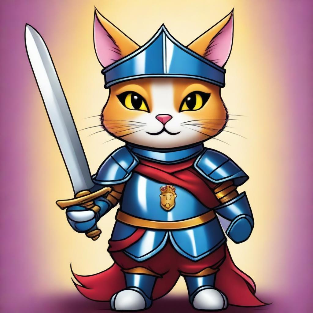 This is a vibrant digital art image featuring a brave cat in the role of a royal knight