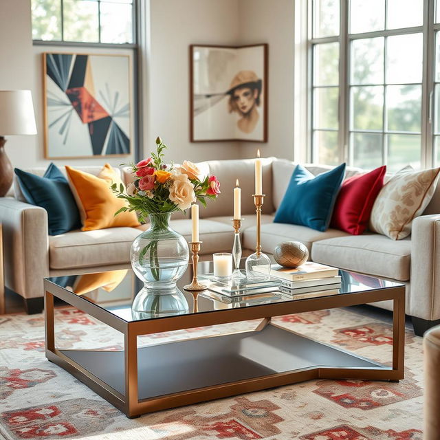 A beautifully decorated living room with a central coffee table