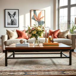 A beautifully decorated living room with a central coffee table