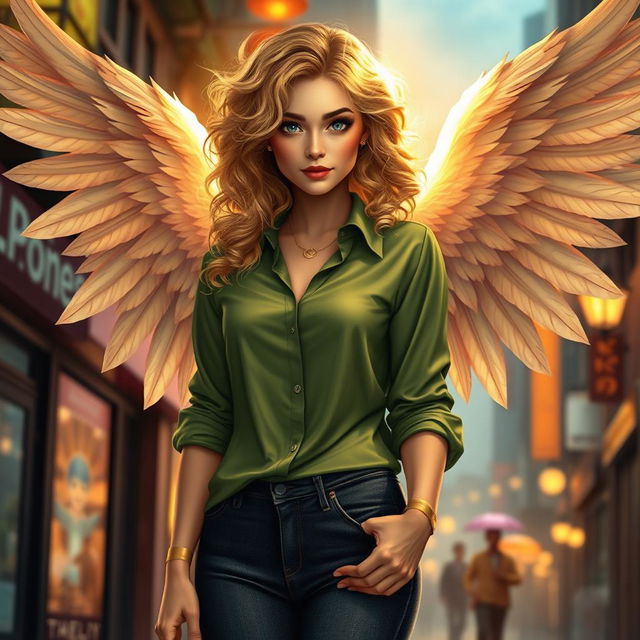 A stunning urban fantasy character, featuring a beautiful 30-year-old woman with curly blonde hair cascading down her shoulders and deep dark blue eyes that sparkle with magic