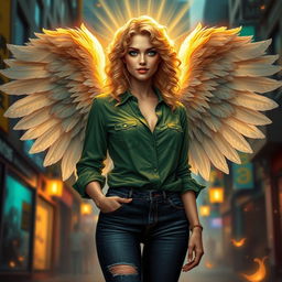 A stunning urban fantasy character, featuring a beautiful 30-year-old woman with curly blonde hair cascading down her shoulders and deep dark blue eyes that sparkle with magic