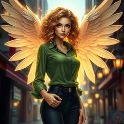 A stunning urban fantasy character, featuring a beautiful 30-year-old woman with curly blonde hair cascading down her shoulders and deep dark blue eyes that sparkle with magic