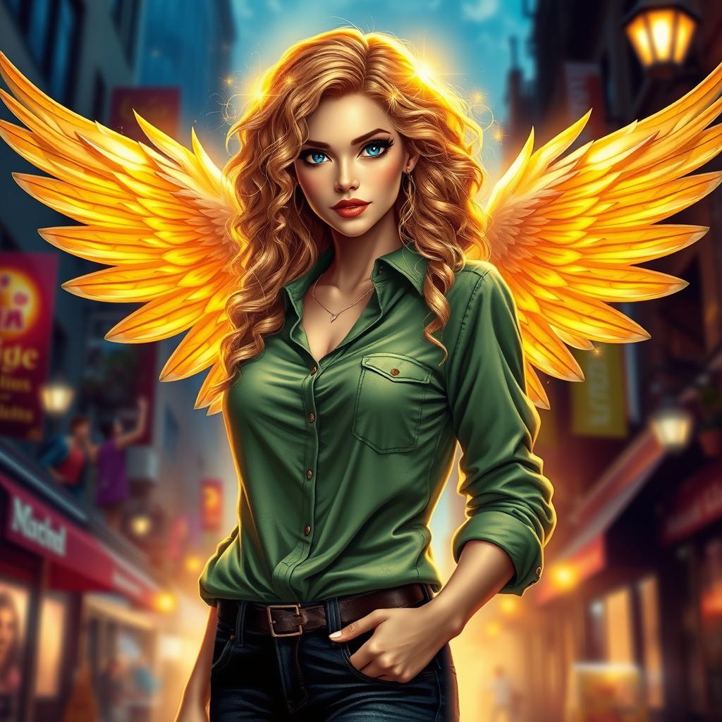 A stunning urban fantasy character, featuring a beautiful 30-year-old woman with curly blonde hair cascading down her shoulders and deep dark blue eyes that sparkle with magic