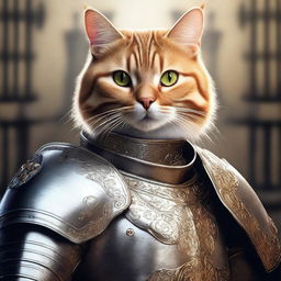 A hyper-realistic digital art image of a cat portrayed as a brave royal knight