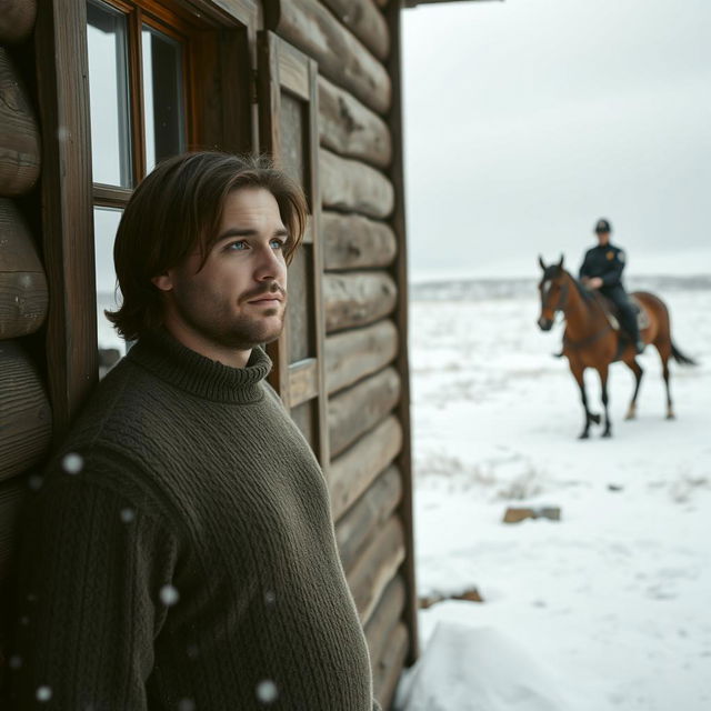 A man with medium-length brown hair wearing a cozy sweater stands inside a rustic school house, gazing out of a large window