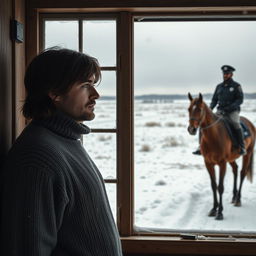 A man with medium-length brown hair wearing a cozy sweater stands inside a rustic school house, gazing out of a large window