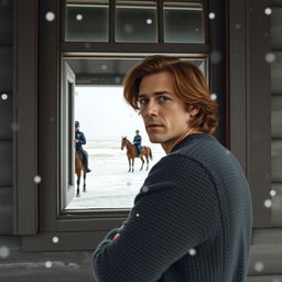 A man with medium-length brown hair wearing a cozy sweater stands inside a rustic school house, gazing out of a large window