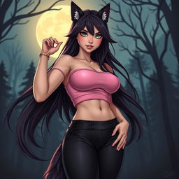 A realistic illustration of a hot 21-year-old female werewolf, featuring long, flowing dark hair and striking green eyes that exude confidence