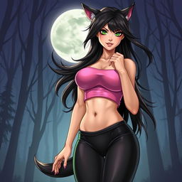 A realistic illustration of a hot 21-year-old female werewolf, featuring long, flowing dark hair and striking green eyes that exude confidence
