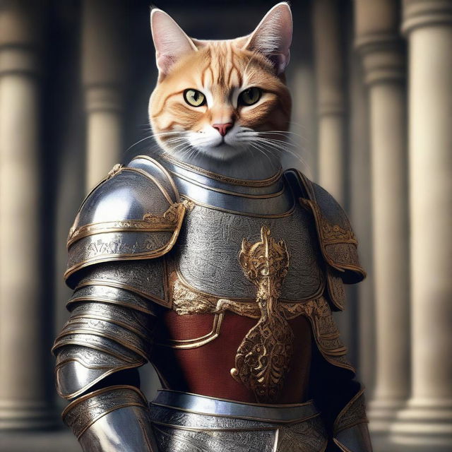 A hyper-realistic digital art image of a cat portrayed as a brave royal knight