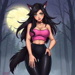 A realistic illustration of a hot 21-year-old female werewolf, featuring long, flowing dark hair and striking green eyes that exude confidence