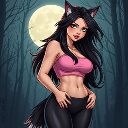 A realistic illustration of a hot 21-year-old female werewolf, featuring long, flowing dark hair and striking green eyes that exude confidence
