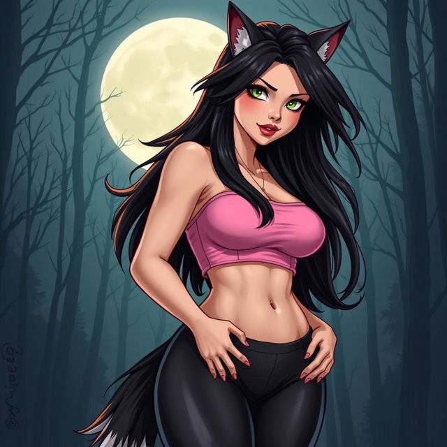 A realistic illustration of a hot 21-year-old female werewolf, featuring long, flowing dark hair and striking green eyes that exude confidence