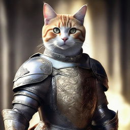 A hyper-realistic digital art image of a cat portrayed as a brave royal knight