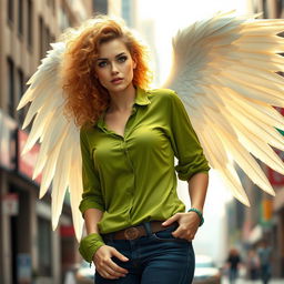An urban fantasy character, a stunning 30-year-old woman with beautiful blonde curly hair and striking dark blue eyes