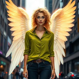 An urban fantasy character, a stunning 30-year-old woman with beautiful blonde curly hair and striking dark blue eyes