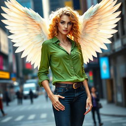 An urban fantasy character, a stunning 30-year-old woman with beautiful blonde curly hair and striking dark blue eyes